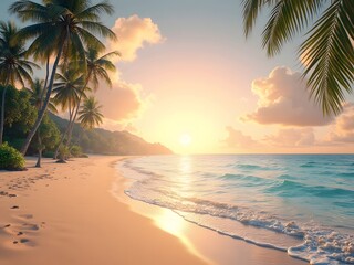 Fototapeta premium Sunrise Over a Tropical Island Beach: A breathtaking panoramic view of a tropical beach at sunrise, where the golden sand glows under the soft pink and orange sky, with palm trees swaying.