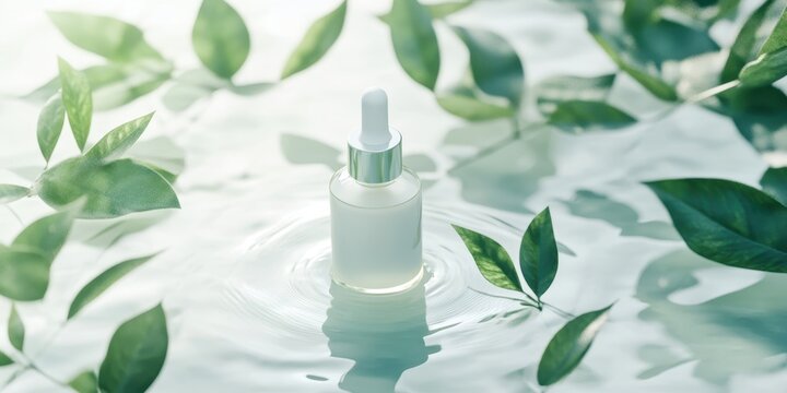Serum of Nature: A close-up showcases a minimalist beauty serum bottle gracefully afloat amidst a serene expanse of rippling water and vibrant, lush green leaves, evoking freshness and purity.