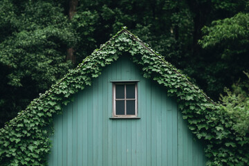 Lush green ivy envelops rustic cottage under serene forest canopy