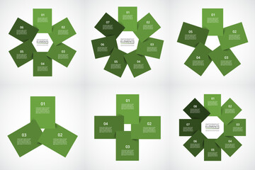 Set of green infographic templates with 3, 4, 5, 6, 7 and 8 steps, options, parts or processes.
