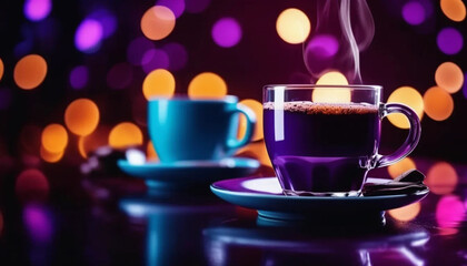 Elegant purple cup of hot black coffee. 