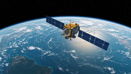 Obraz premium Satellite in orbit over Earth's blue planet, stars in the background.