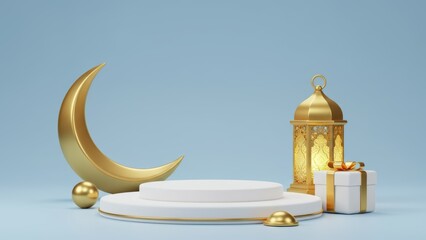 Ramadan illustration with a golden moon, lantern, gift and a white podium.