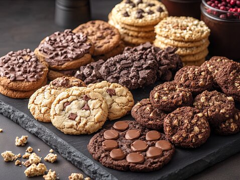 chocolate chip cookies with nuts, various crumbl cookies topped with various glazes, homemade butter cookies 