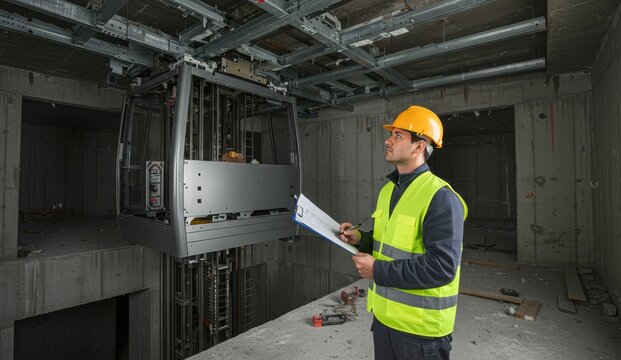 Latino construction worker reviewing blueprints at construction site for elevator installation. Concepts: teamwork, safety.
