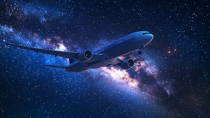 Airplane Soaring Through Starry Night Sky