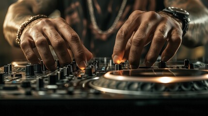 A close-up of hands skillfully manipulating a DJ mixer, highlighting the artistry and focus of music creation in a vibrant, energetic setting.