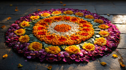 Colorful flower rangoli design on patio floor