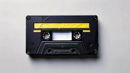 Black vintage cassette tape with yellow label lying on light gray surface under soft light. Concept of retro music and nostalgia