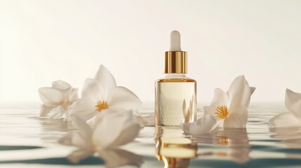 Serene Essence: A close-up of a dropper bottle filled with golden serum, gracefully encircled by delicate white flowers, atop a tranquil aquatic surface.