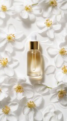 Aesthetic Skincare Essence: A luxurious bottle of skincare essence, with a golden dropper, rests amidst a delicate arrangement of fresh, pristine white flowers.