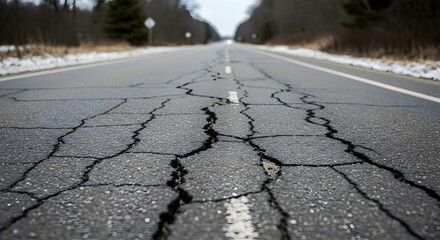 Distressed asphalt showing significant road damage from frost heaving process