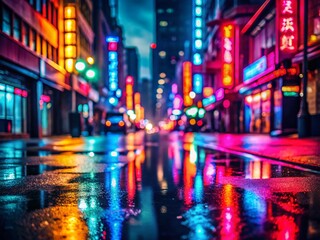 Obraz premium Low Light Photography: Dark City Street Scene, Glowing Signs, Nighttime Ambiance