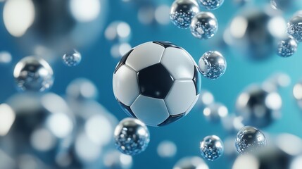 Naklejka premium A soft blue background provides the setting for a soccer ball that is completely surrounded by bubbles