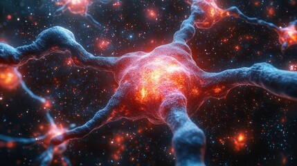 Neuron illustration; glowing core with branching tendrils against a starfield backdrop