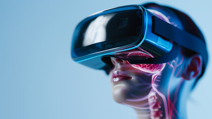 Woman wearing VR headset with highlighted body systems
