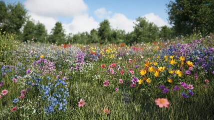 A vibrant field of wildflowers under a clear blue sky.
