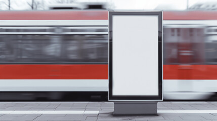 Mockup display by train track with tram passing behind
