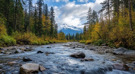 Flowing River Through Forest with Mountain Backdrop and Cloudy Sky