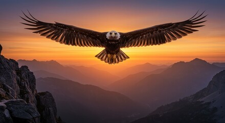 Fototapeta premium Majestic eagle soaring against a vibrant sunset over rugged mountain landscape