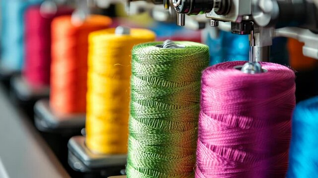 Brightly colored spools of thread are lined up in a textile workshop, showcasing various hues perfect for sewing and crafting. Each spool represents creative potential and artistry.