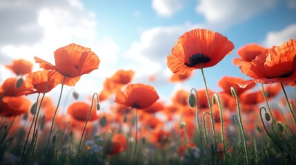 Obraz premium A vibrant field of blooming poppies under a bright blue sky.