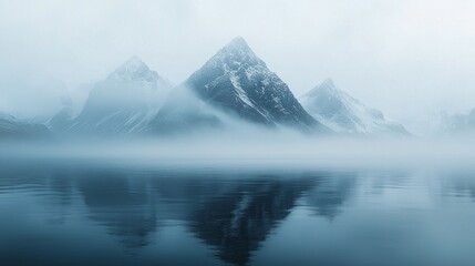Fototapeta premium Mystical mountains rise gracefully from a tranquil lake, enveloped in soft mist. The cool colors evoke a dreamlike atmosphere, inviting quiet contemplation and exploration of nature's beauty