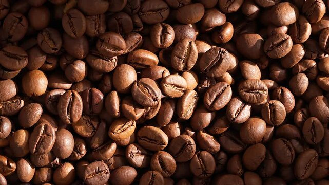 Close up of coffee beans. Coffee beans kept on rotating disk.