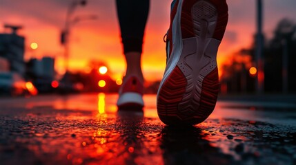 Pair of feet wearing red and white sneakers walking on a wet pavement at sunset. the background is blurred, but it appears to be a cityscape with buildings and streetlights.