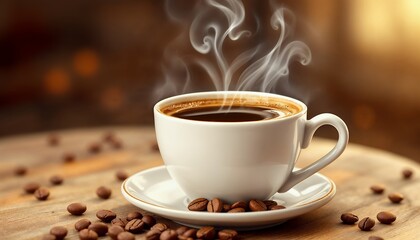 Steam Rising Hot Coffee Cup Beans Wood Table