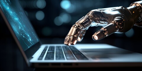 Artificial intelligence robot hand touching a laptop screen in a dark office, an AI technology concept. Photo shoot, natural lighting, low contrast, bokeh background