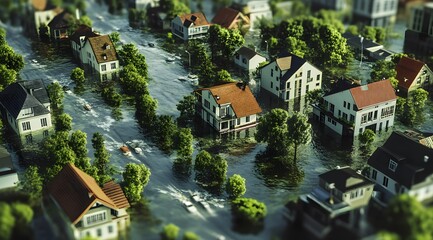 Top view of a flooded city. Flooded city street with cars stuck under heavy rain, flooded houses.