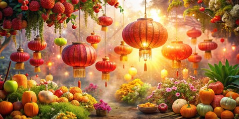 Lunar New Year 2025 Blessings: Double Exposure of Festive Lanterns and Abundant Harvest