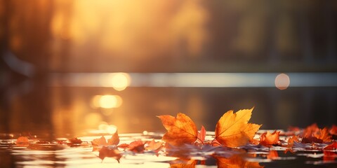 Autumn leaves falling on the ground in a forest with sunlight, a beautiful autumn background.\