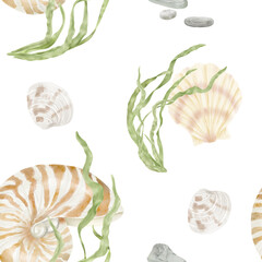 Nautilus clam shell and green algae from the underwater world of the ocean. Seamless pattern. Digital watercolor illustration. Waving algae bushes and scallops isolated on a white background.