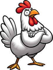 Serious white rooster crossed his wings on his chest, vector drawing