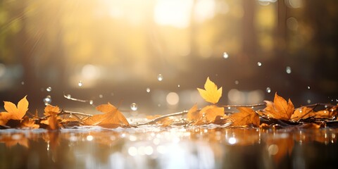 Autumn leaves falling through the air on an autumn day, with beautiful sunlight and a blurred \