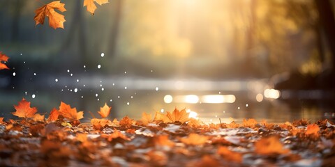 Autumn leaves falling through the air on an autumn day, with beautiful sunlight and a blurred \