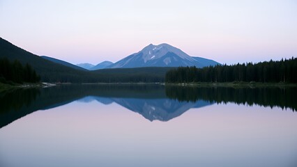 黄昏時の静かな山間の湖のパノラマ