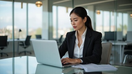 Focused Businesswoman Working on Laptop in Modern Office