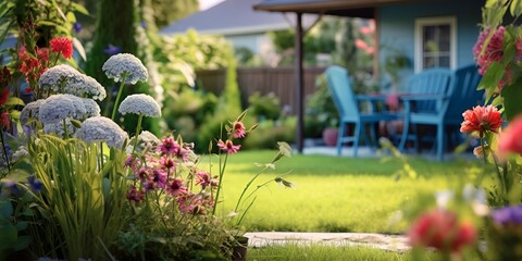 Beautiful backyard garden with a seating area, colorful flowers, and green grass in the background of a blue house. \ bokeh background
