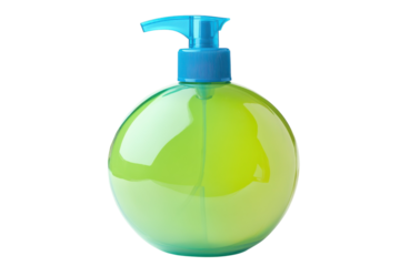 A vibrant green and blue dispenser bottle showcasing modern design and innovative functionality isolated on transparent background