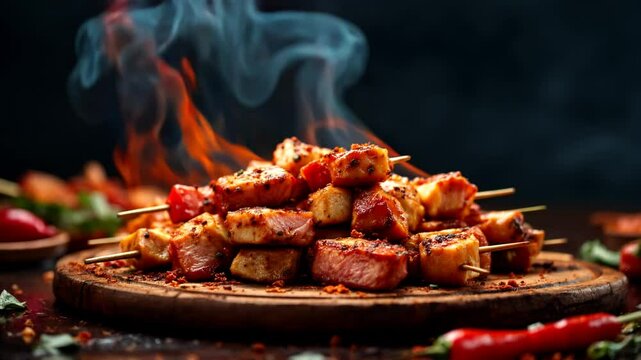 Delicious grilled skewers with a mixture of marinated meat, fresh vegetables and juicy pineapple chunks on a charcoal grill