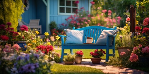 Beautiful backyard garden with a seating area, colorful flowers, and green grass in the background of a blue house. \ bokeh background