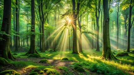 Obraz premium Lush Green Forest Landscape: Serene Nature Scene with Sunlight Dappled Trees