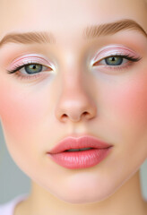 Fototapeta premium Artistic close-up of a woman's face showcasing perfect makeup, glowing skin, and expressive eyes, conveying beauty and elegance.