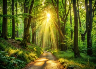 Obraz premium Lush Green Forest Path Sunbeams - Sunlight Dappled Woodland Trail Stock Photo