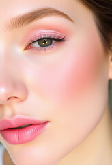 Artistic close-up of a woman's face showcasing perfect makeup, glowing skin, and expressive eyes, conveying beauty and elegance.

