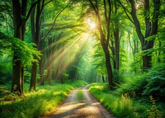 Obraz premium Lush Green Forest Path: Tranquil Nature Scene with Copy Space