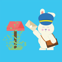 Rabbit with mail and mailbox. Vector illustration in flat style.